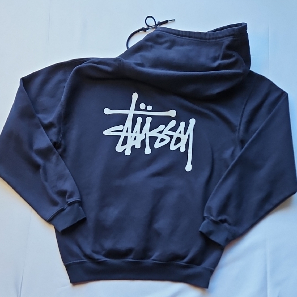 Stussy Navy Blue Hoodie Streetwear with White Logo S